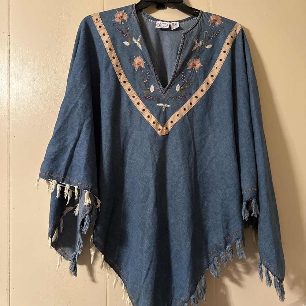 Carolina Blues Denim Look Embellished Poncho Vintage Western/Boho/hippie
